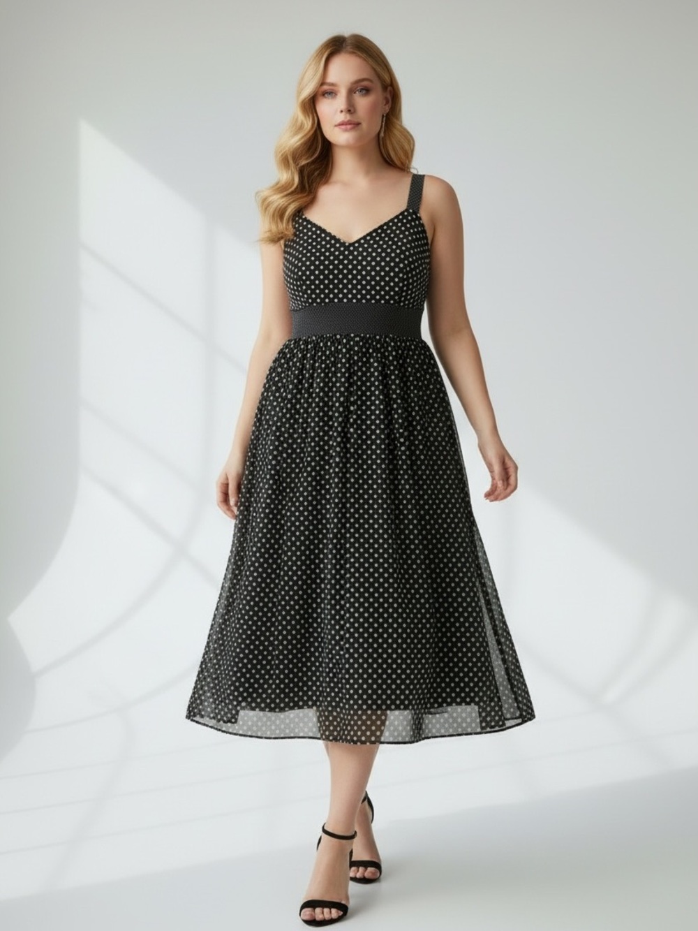 Signature by Robbie Bee Black and White Polka Dot V-Neck Midi Dress